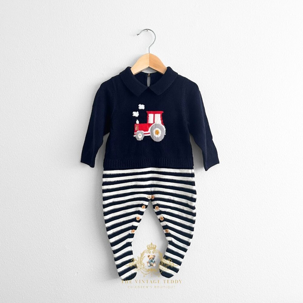 NWT Cute Boys Knit Sweater One-piece Bodysuits Footie Farm Tractor Navy Newborn - Picture 3 of 4